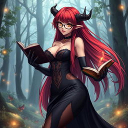 A sexy demonic anime girl witch with long, vivid red hair cascading down her back, and fashionable glasses that highlight her captivating eyes