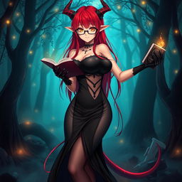 A sexy demonic anime girl witch with long, vivid red hair cascading down her back, and fashionable glasses that highlight her captivating eyes