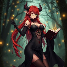 A sexy demonic anime girl witch with long, vivid red hair cascading down her back, and fashionable glasses that highlight her captivating eyes