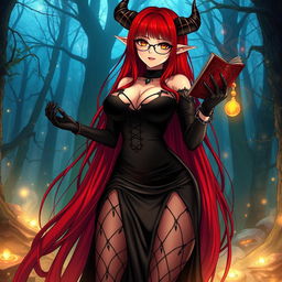 A sexy demonic anime girl witch with long, vivid red hair cascading down her back, and fashionable glasses that highlight her captivating eyes
