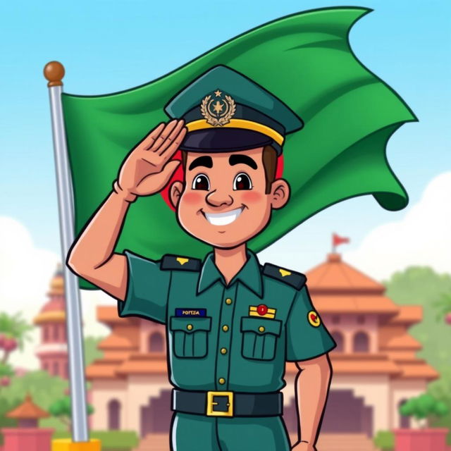 A cartoon-style illustration of a Bangladeshi policeman saluting the national flag of Bangladesh