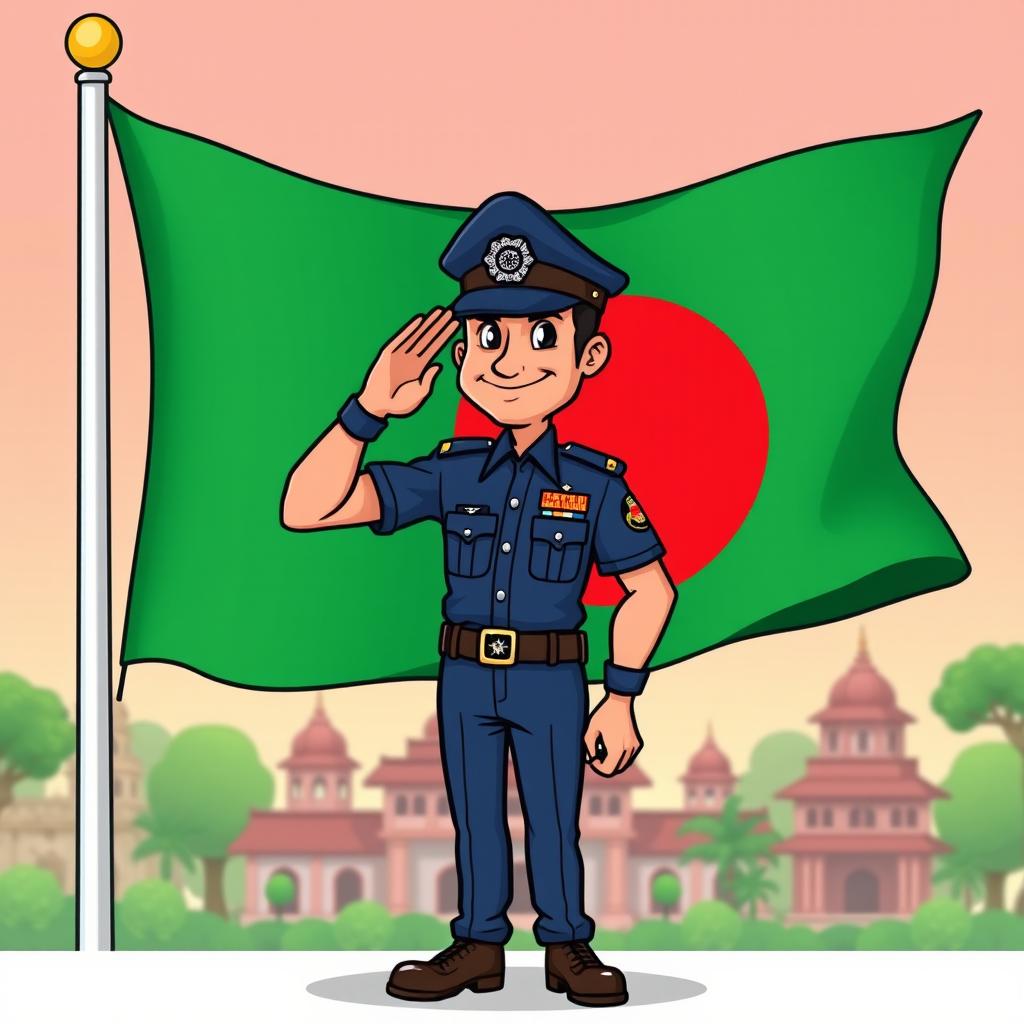 A cartoon-style illustration of a Bangladeshi policeman saluting the national flag of Bangladesh