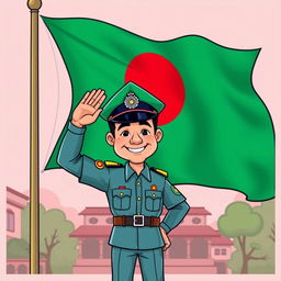 A cartoon-style illustration of a Bangladeshi policeman saluting the national flag of Bangladesh