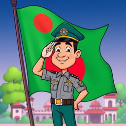 A cartoon-style illustration of a Bangladeshi policeman saluting the national flag of Bangladesh