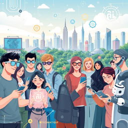 A dynamic and futuristic illustration depicting the integration of technology and artificial intelligence in everyday life