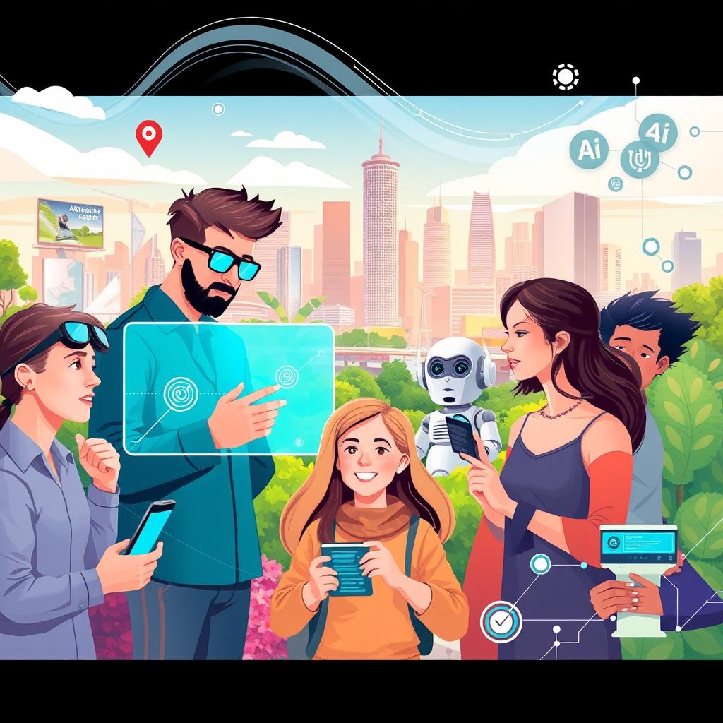 A dynamic and futuristic illustration depicting the integration of technology and artificial intelligence in everyday life