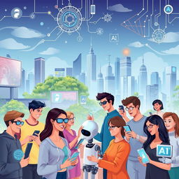 A dynamic and futuristic illustration depicting the integration of technology and artificial intelligence in everyday life