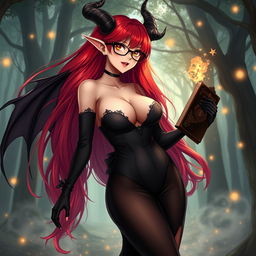A sexy demonic anime girl witch featuring long, vibrant red hair cascading elegantly down her back