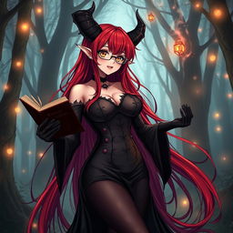 A sexy demonic anime girl witch featuring long, vibrant red hair cascading elegantly down her back