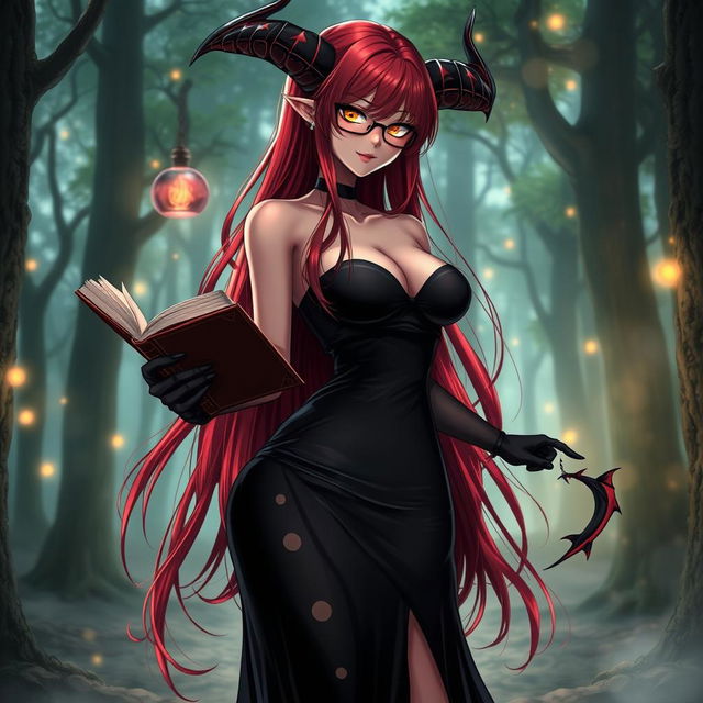 A sexy demonic anime girl witch featuring long, vibrant red hair cascading elegantly down her back