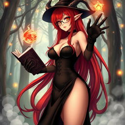 A sexy demonic anime girl witch featuring long, vibrant red hair cascading elegantly down her back