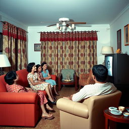 A Cuban family from the 1950s gathered together in a cozy living room, watching television