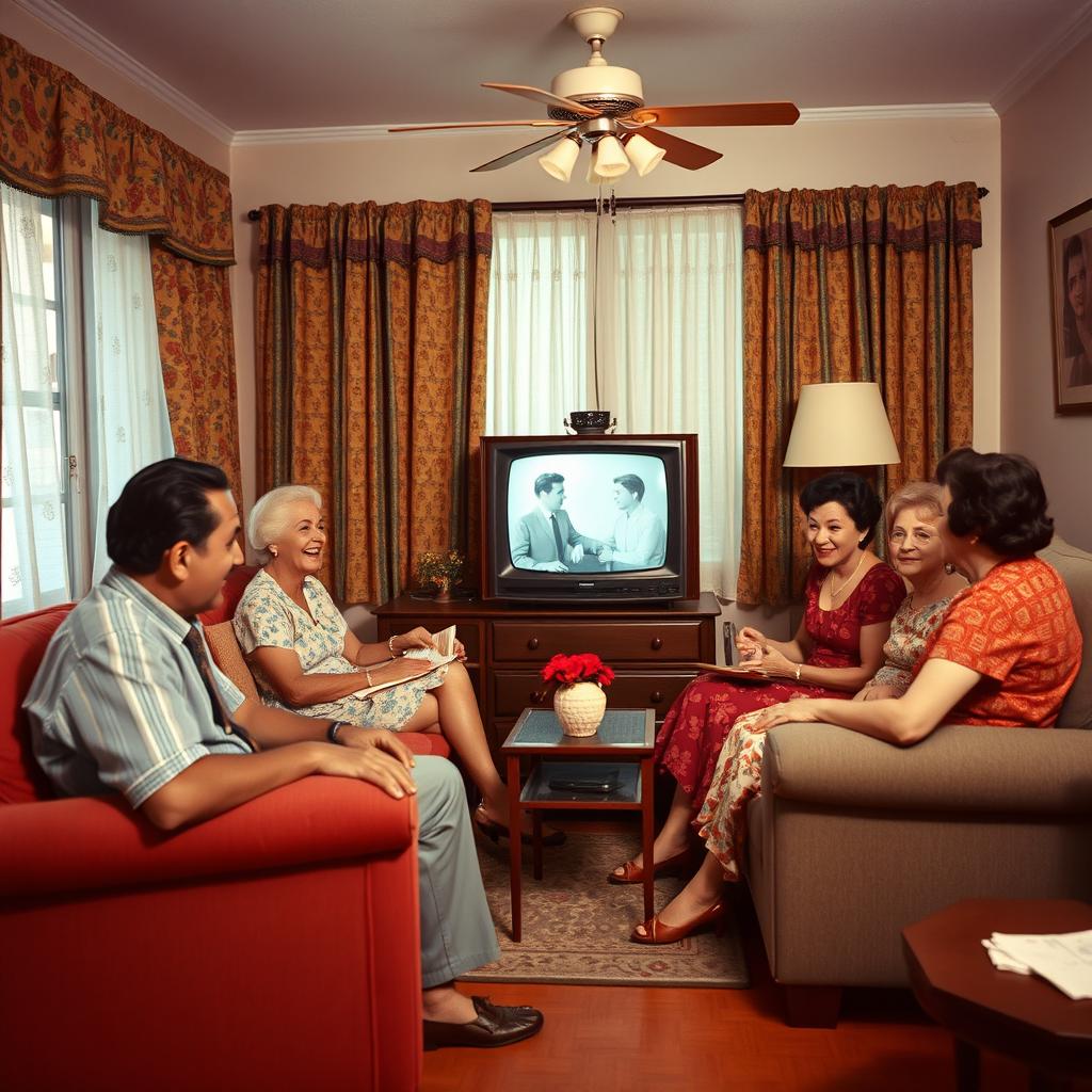 A Cuban family from the 1950s gathered together in a cozy living room, watching television