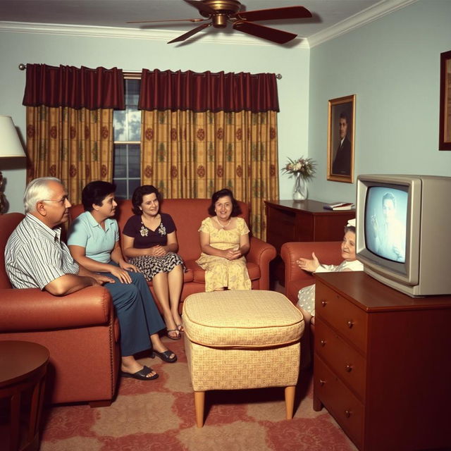 A Cuban family from the 1950s gathered together in a cozy living room, watching television