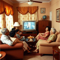 A Cuban family from the 1950s gathered together in a cozy living room, watching television