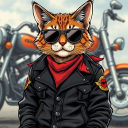 A striking illustration of a feline cat dressed as a member of the Hells Angels motorcycle club