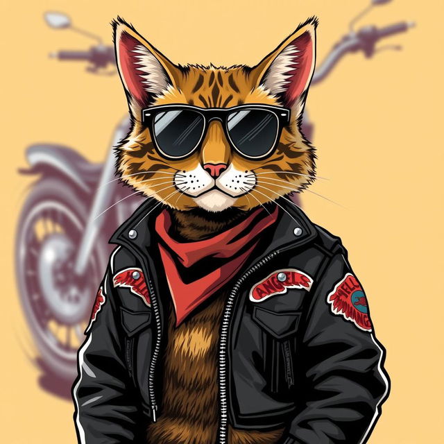 A striking illustration of a feline cat dressed as a member of the Hells Angels motorcycle club