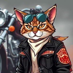A striking illustration of a feline cat dressed as a member of the Hells Angels motorcycle club