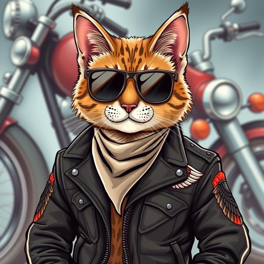 A striking illustration of a feline cat dressed as a member of the Hells Angels motorcycle club