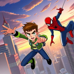 A dynamic crossover scene featuring Ben Tennyson from Ben 10 alongside Spider-Man