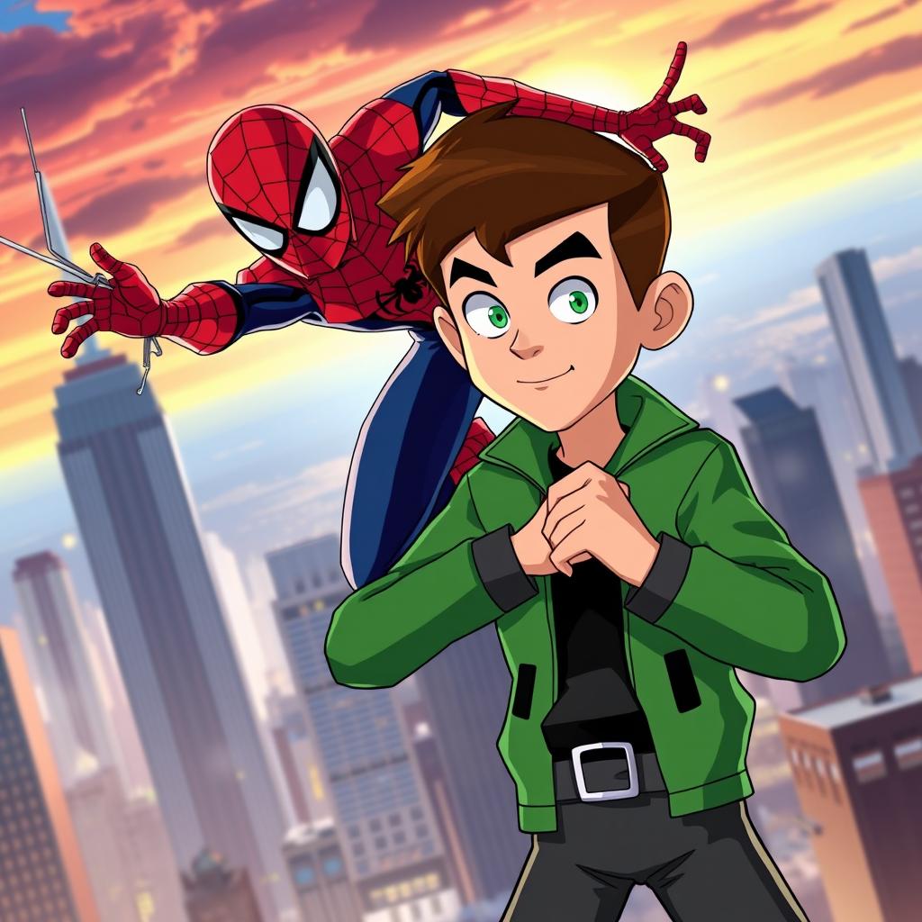 A dynamic crossover scene featuring Ben Tennyson from Ben 10 alongside Spider-Man