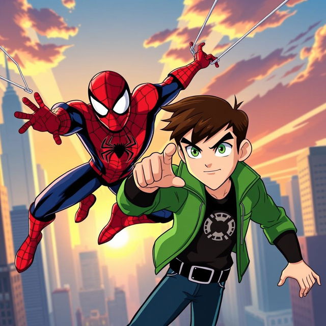 A dynamic crossover scene featuring Ben Tennyson from Ben 10 alongside Spider-Man