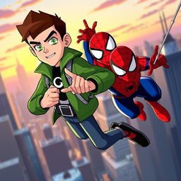 A dynamic crossover scene featuring Ben Tennyson from Ben 10 alongside Spider-Man