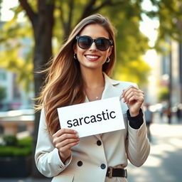 A stylish woman standing outdoors in a fashionable outfit, holding a piece of paper with the word "sarcastic" written on it