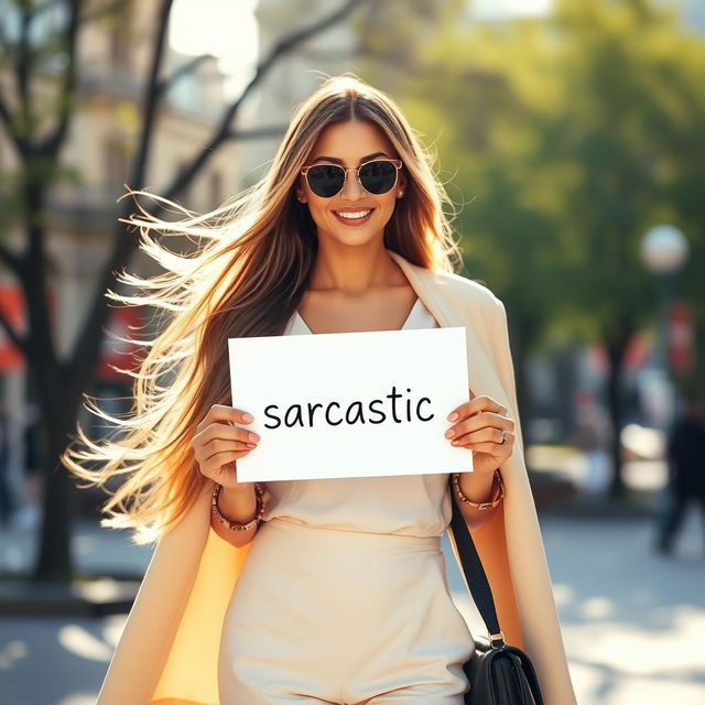 A stylish woman standing outdoors in a fashionable outfit, holding a piece of paper with the word "sarcastic" written on it