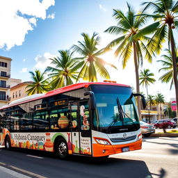 A modern bus driving through a vibrant tropical city, showcasing ornamental tinajones (traditional pottery)