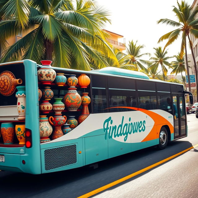 A modern bus driving through a vibrant tropical city, showcasing ornamental tinajones (traditional pottery)