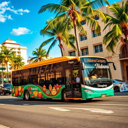A modern bus driving through a vibrant tropical city, showcasing ornamental tinajones (traditional pottery)
