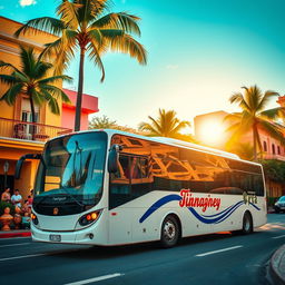 A modern bus driving through a vibrant tropical city, showcasing ornamental tinajones (traditional pottery)