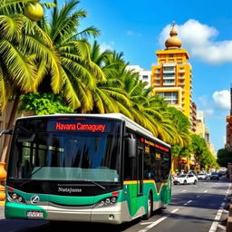 A modern bus passing through a vibrant tropical cityscape, featuring ornamental large clay jars (tinajones) lining the streets
