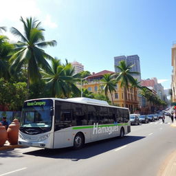 A modern bus passing through a vibrant tropical cityscape, featuring ornamental large clay jars (tinajones) lining the streets