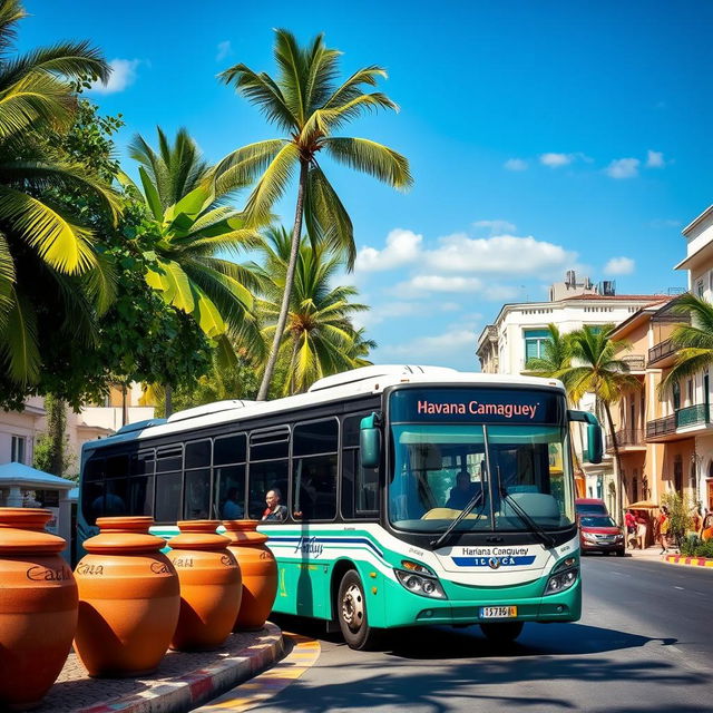 A modern bus passing through a vibrant tropical cityscape, featuring ornamental large clay jars (tinajones) lining the streets