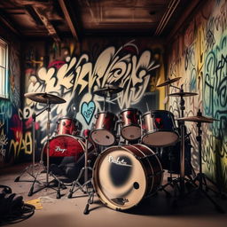 Create a cool rock band practicing in a grungy garage with drums, electric guitars, and a cool graffiti backdrop.