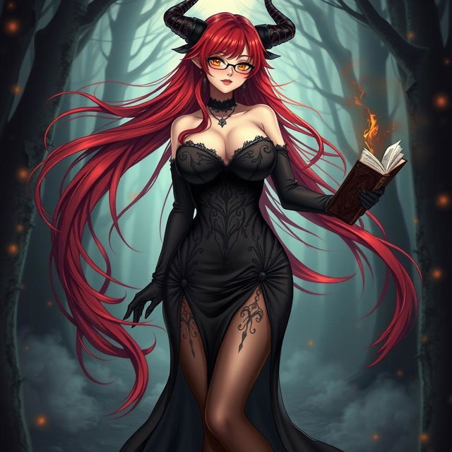 A sexy demonic anime girl witch featuring long, flowing red hair that cascades dramatically down her back, complemented by fashionable glasses that enhance her enchanting gaze