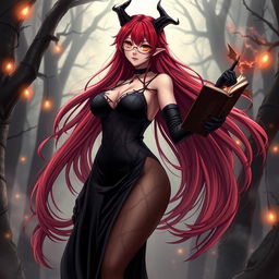 A sexy demonic anime girl witch featuring long, flowing red hair that cascades dramatically down her back, complemented by fashionable glasses that enhance her enchanting gaze