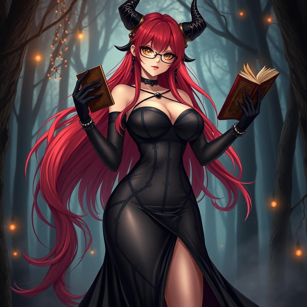 A sexy demonic anime girl witch featuring long, flowing red hair that cascades dramatically down her back, complemented by fashionable glasses that enhance her enchanting gaze