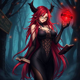 A sexy demonic anime girl witch featuring long, flowing red hair that cascades dramatically down her back, complemented by fashionable glasses that enhance her enchanting gaze
