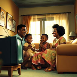 A vibrant scene depicting a Cuban black family from the 1950s watching television in their living room