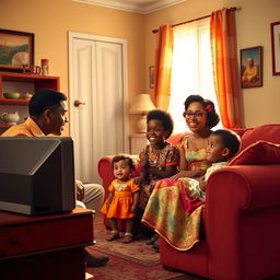 A vibrant scene depicting a Cuban black family from the 1950s watching television in their living room