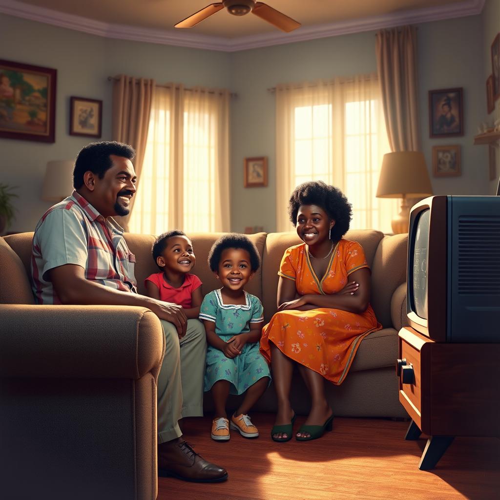 A vibrant scene depicting a Cuban black family from the 1950s watching television in their living room