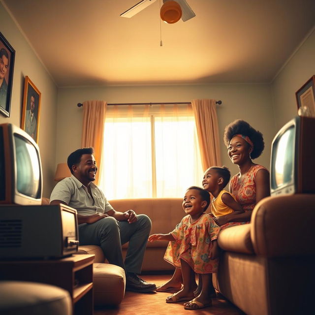 A vibrant scene depicting a Cuban black family from the 1950s watching television in their living room