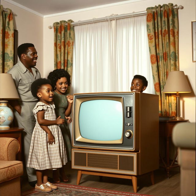 A Cuban Black family from the 1950s joyfully gathered around a classic vintage television set in their cozy living room