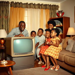 A Cuban Black family from the 1950s joyfully gathered around a classic vintage television set in their cozy living room