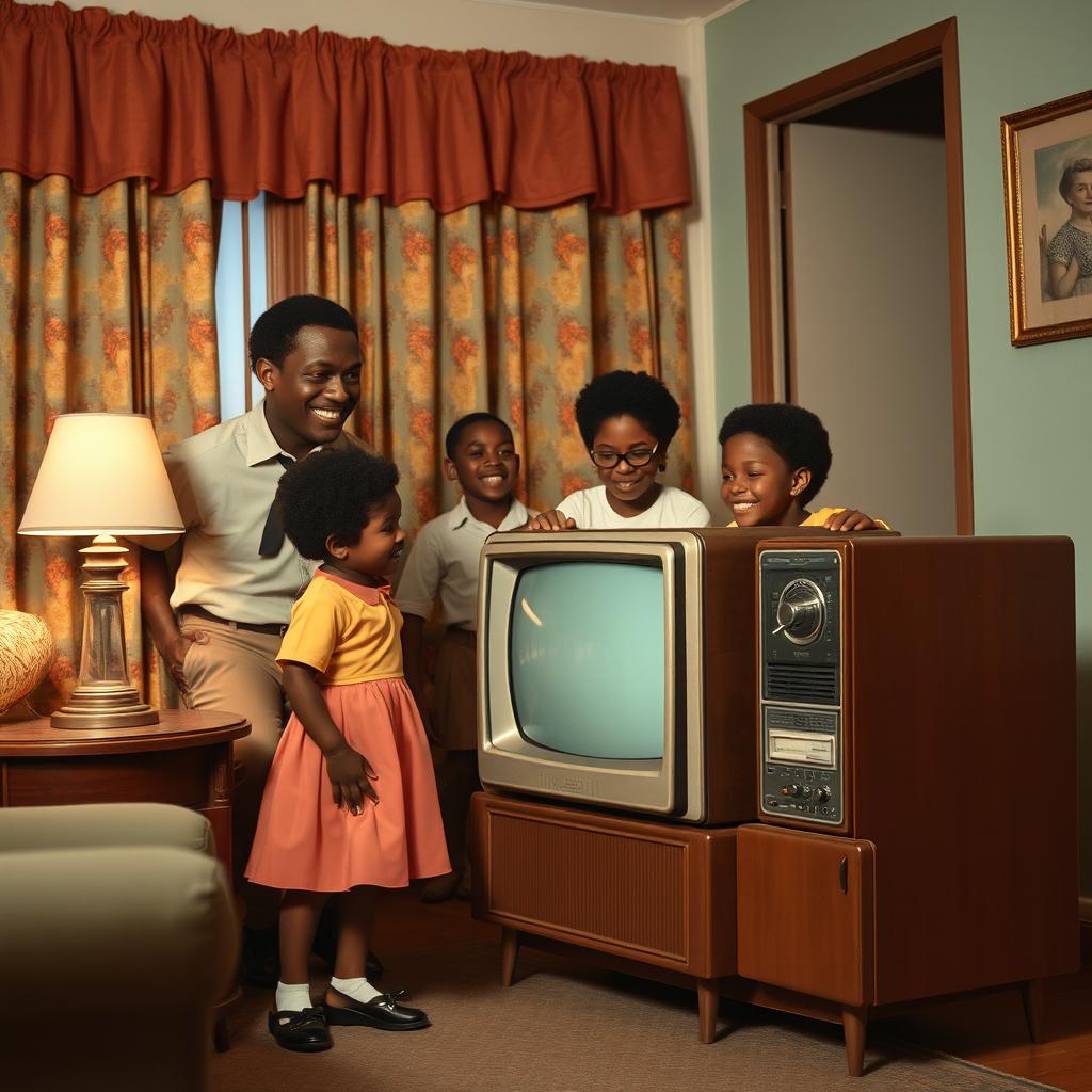 A Cuban Black family from the 1950s joyfully gathered around a classic vintage television set in their cozy living room