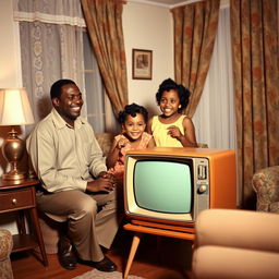 A Cuban Black family from the 1950s joyfully gathered around a classic vintage television set in their cozy living room