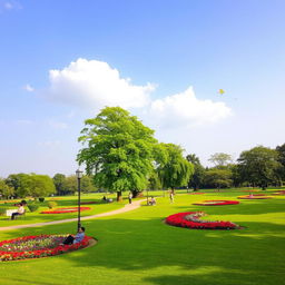A serene park scene in Anand, India, featuring lush green lawns, tall vibrant trees, and colorful flower beds in full bloom